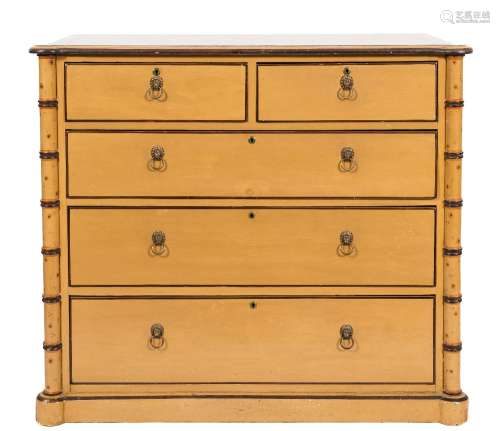 A light brown painted rectangular chest:, with projecting simulated bamboo columns,