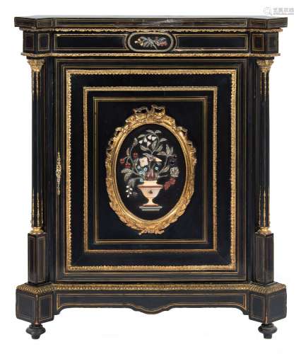 A Victorian ebonised, pietra dura, brass inlaid and gilt metal mounted pier cabinet:,