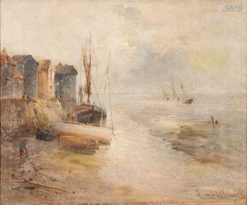 Gustave de Breanski [1856-1898]- Sunset estuary scene; Fishermen at low tide,:- two,
