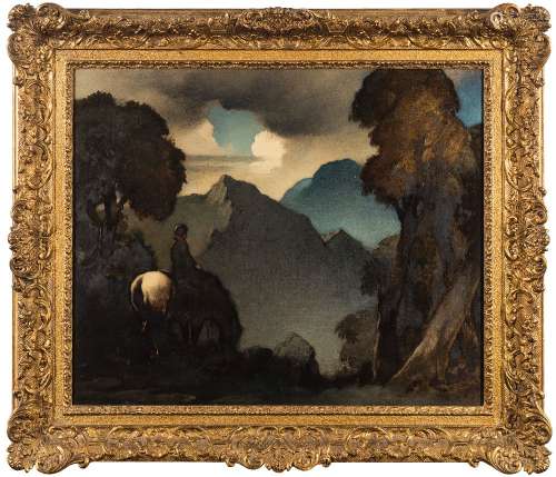 * Bertram Nicholls [1873-1974]- The Huntsman,:- signed bottom left oil on panel 53 x 64.5cm.