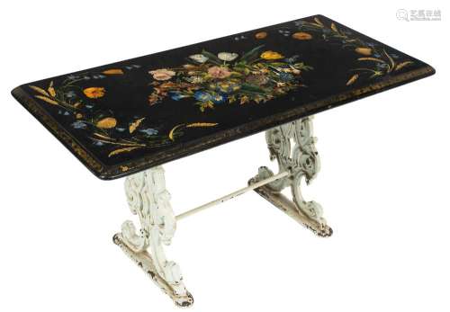 A black marble, decorated and cast iron rectangular occasional table:,