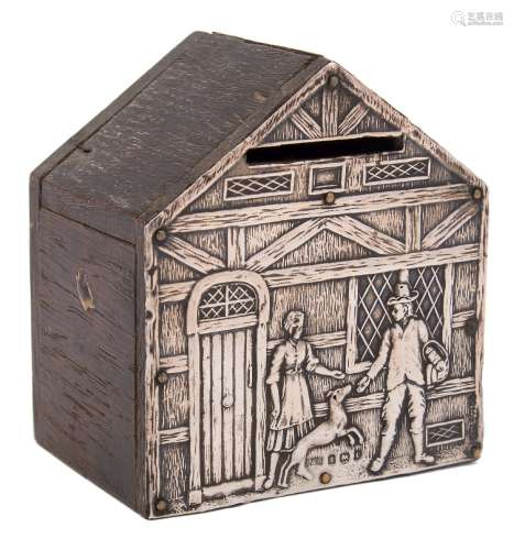 An Edward VII wooden money box with silver mounted front, maker Levi & Salaman, Birmingham,