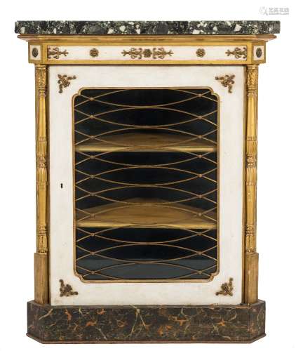 A 19th Century cream painted and gilt decorated, brass mounted low corner display cabinet:,