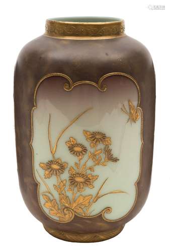 A late 19th century Aesthetic movement glass vase: decorated with three shaped panels with gilt