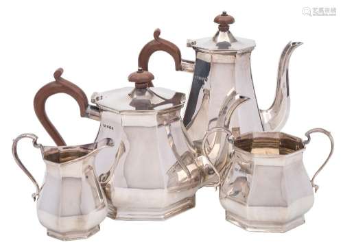 A George VI silver four-piece tea and coffee service, maker Roberts & Belk Ltd, Sheffield,