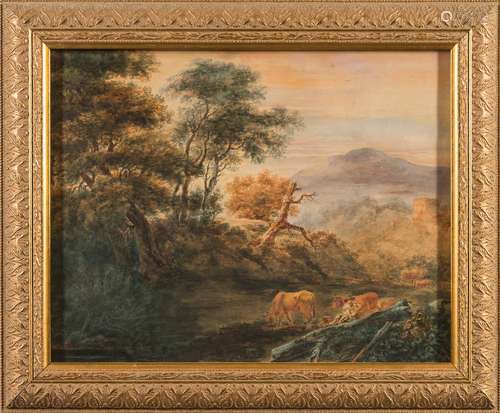 English School 19th Century- Cattle and drover in an upland landscape,