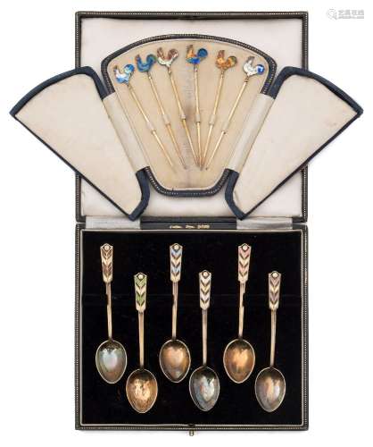 A set of Elizabeth II silver gilt and enamelled coffee spoons, maker Turner & Simpson, Birmingham,