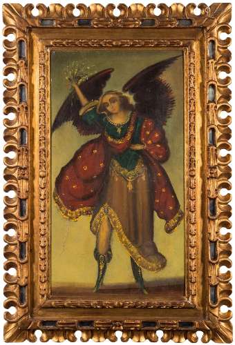 Follower of the Cuzco School [20th Century]- Archangel Ariel:- oil on board 64 x 35cm,