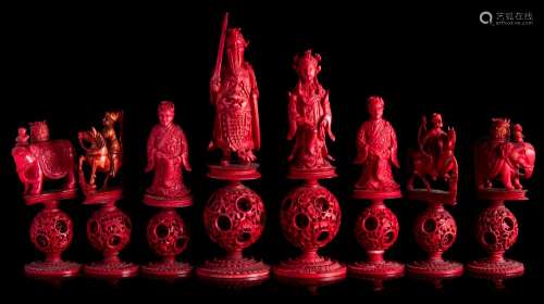 A late 19th Century Cantonese export carved Ivory figural chess set: one side stained red,