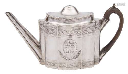 A George III silver teapot, maker John Schofield, London, 1794: inscribed, of lobed oval form,