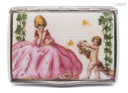 An Austrian silver gilt and enamel box: the hinged lid decorated with a female seated in a pink