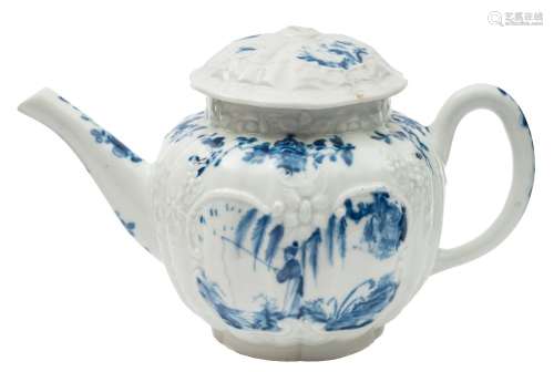 A First Period Worcester blue and white teapot and cover: of fluted form with moulded cartouches,