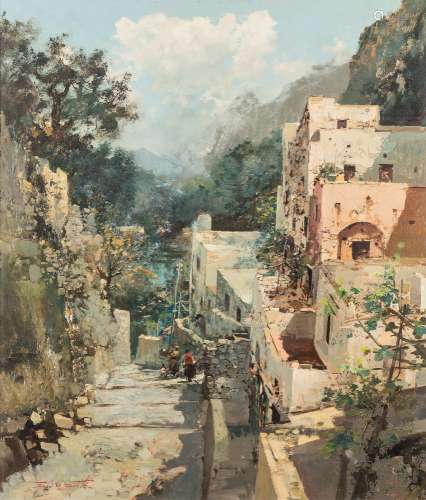 * Ezelino Briante [1901-1971]- Mountain village scene, figures on a path in the foreground,