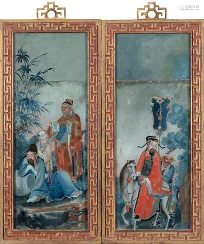 A pair of early 19th century Chinese reverse glass paintings: depicting two figures seated on a