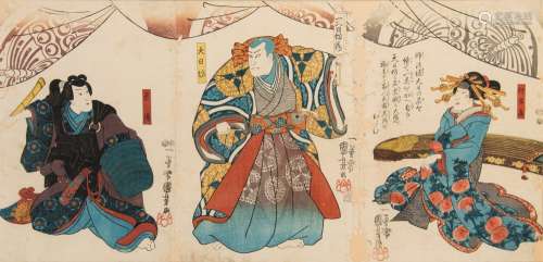 After Utagawa Kuniyoshi, a woodblock triptych of Japanese actors: as Samurai warriors and bijin,