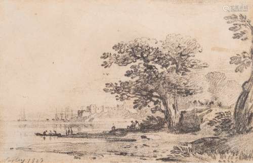 John Varley [1778-1842]- View across a bay to a castle and shipping,:- signed and dated J.