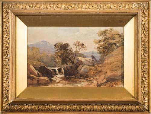 Manner of William Muller [19th Century]- Fisherman in a rocky river landscape,