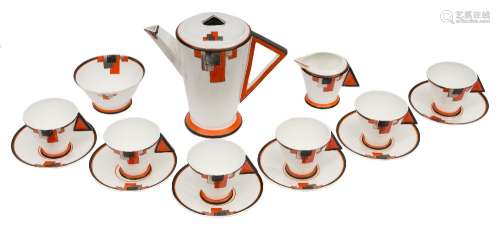 A Shelley Mode coffee service with 'cubist' decoration: comprising a coffee pot and cover, milk jug,
