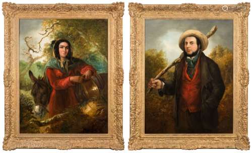 John Barker [19th Century]- A Country Couple,:- a pair, both signed oils on canvas each 90 x 69cm.