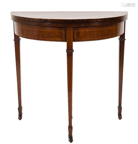 An Edwardian mahogany and inlaid half round card table:,