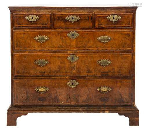 An early 18th Century walnut veneer and cross and feather banded rectangular chest:,