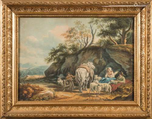 Manner of Peter Le Cave [18/19th century]- Drover with pony, sheep and goat in an upland landscape,