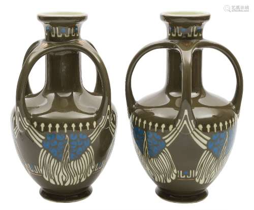 A pair of Villeroy & Boch Art Nouveau vases: each of oviform with raised neck supported by four