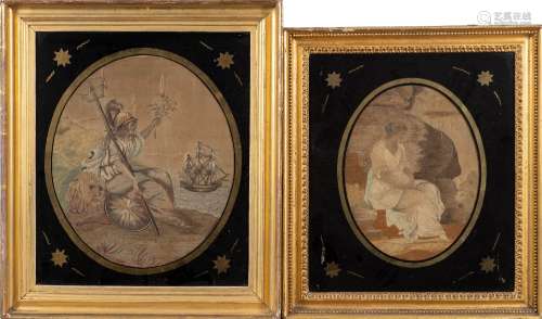 A Regency silkwork picture,: depicting Britannia: with man-o-war in the background,