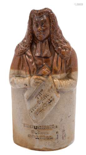 A Doulton & Watts salt glazed stoneware reform flask: modelled with a half figure of a wigged Lord