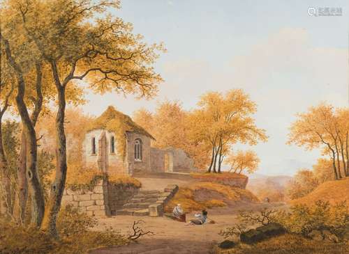 Continental School 19th Century- Travellers resting by a Chapel in an upland landscape:- gouache