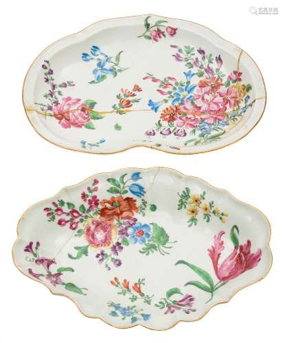 Two First Period Worcester dessert dishes decorated in the Giles workshops: of lozenge and heart
