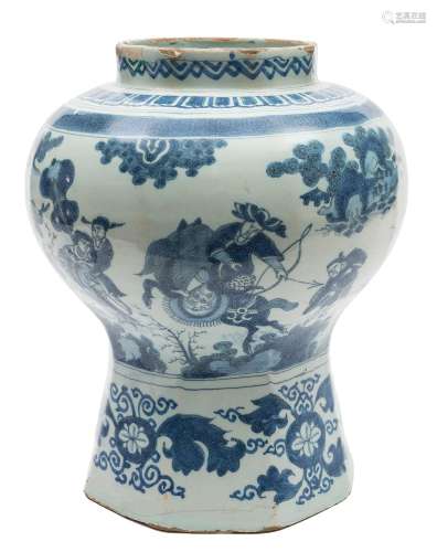 A Frankfurt blue and white delftware vase: of globular form with octagonal lower section,