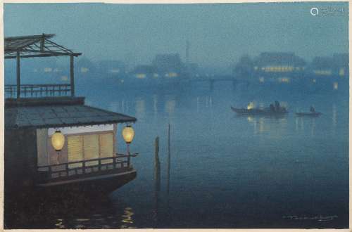 Tananchi [20th Century Japanese]- Lantern lit river scenes; a River Landscape:- three,