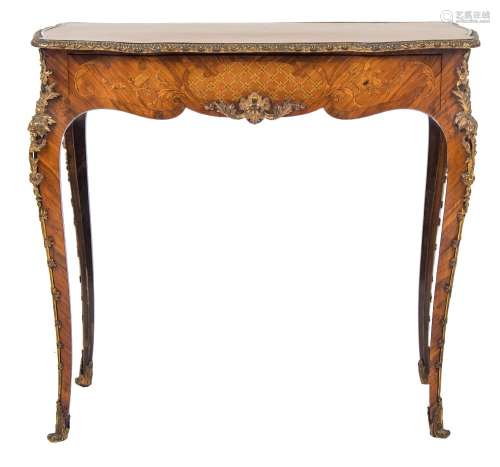 A 19th Century French tulipwood, satinwood and marquetry gilt metal mounted centre table:,