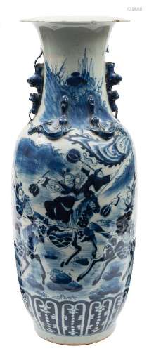 A large Chinese blue and white vase: the neck applied with chilong and lion dog handles,