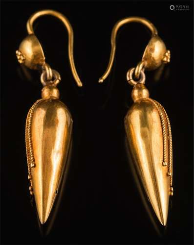 A pair of Victorian gold, Etruscan style earrings: the tapering drops on domed surmounts,