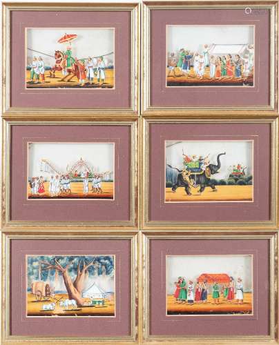 A collection of six 19th century Indian mica paintings: painted in gouache depicting processional