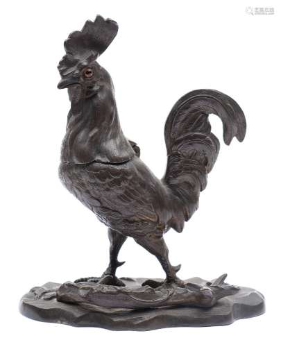 A late 19th century French bronze inkwell in the form of a cockerel: with inset glass eyes and