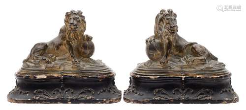 A pair of 18th century gilt-bronze lions: modelled as an opposing pair,