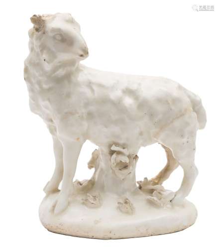 A pair of Derby 'dry-edge' models of a ewe and ram: naturistically modelled in the white,