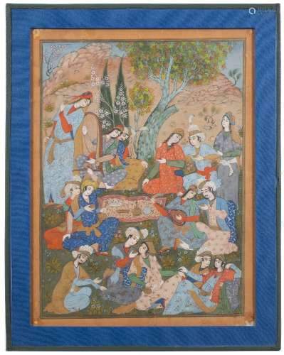 A Mughal School illuminated picture: depicting courting couples seated below a tree enjoying music