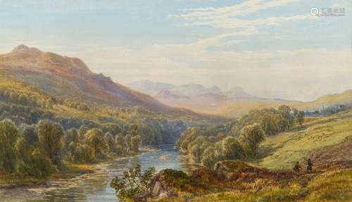 John Faulkner [1835-1894]- Valley river landscape, sportsmen in the foreground,