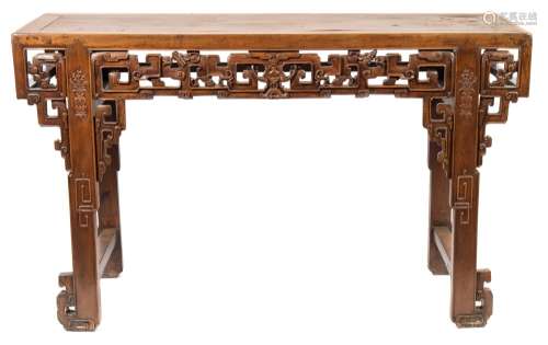 A Chinese carved wood altar table:, with a rectangular top,