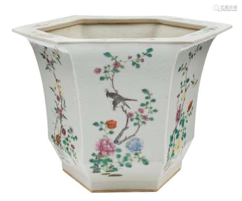 A Chinese famille rose hexagonal jardiniere: painted on each side with birds and flowering shrubs,