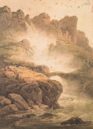 Francis Nicholson [1753-1844]- Pistyll Rhaeadr waterfalls,:- watercolour 39 x 28cm. * Provenance.
