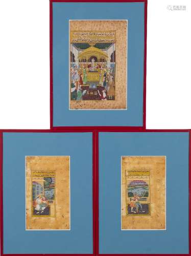 Three Mughal School illuminated manuscripts: depicting a Sultan holding court,