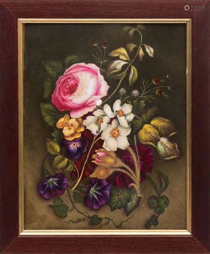 A mid 19th century English porcelain rectangular plaque: painted with a floral bouquet including a
