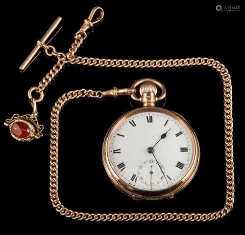 A gentleman's 9ct gold open face pocket watch: the white enamelled dial with Roman numerals and