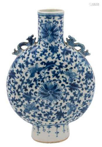 A Chinese blue and white moon flask: with chilong handles and painted overall with scrolling lotus,