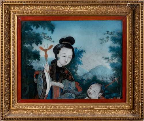 A 19th century Chinese reverse painting on glass: depicting a woman and young child in a garden